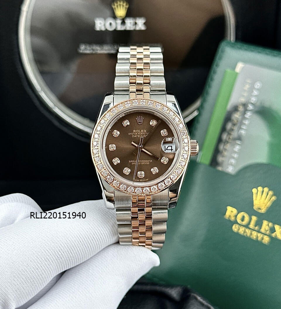 Đồng hồ Rolex DateJust nữ máy cơ dây thép không gỉ 31mm demi mặt nâu cao cấp