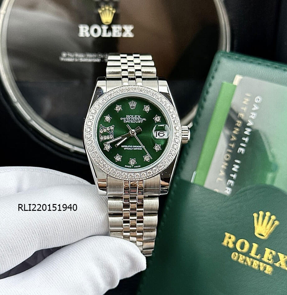 Đồng hồ Rolex DateJust nữ máy cơ dây thép không gỉ 31mm bạc mặt xanh trơn cao cấp
