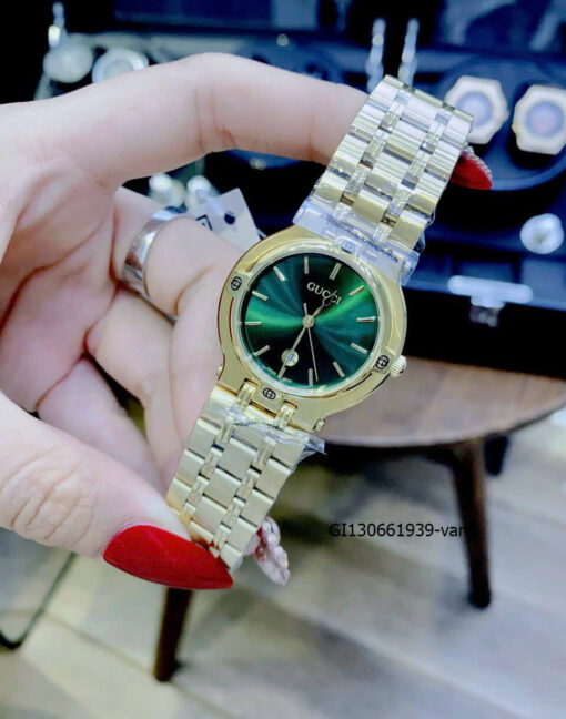 Đồng hồ Nữ Gucci Lady Quarzt Nhật thép không gỉ màu vàng mặt xanh