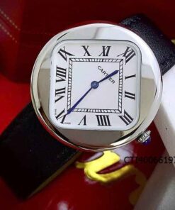 Đồng hồ Nam Cartier PEBBLE RE-EDITION dây da đen viền bạc cao cấp