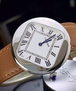 Đồng hồ Nam Cartier PEBBLE RE-EDITION dây da nâu viền bạc cao cấp