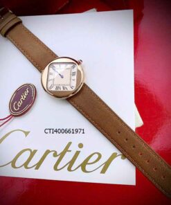 Đồng hồ Nam Cartier PEBBLE RE-EDITION dây da nâu viền vàng mặt vàng