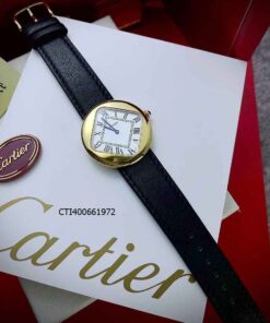 Đồng hồ Nam Cartier PEBBLE RE-EDITION dây đen viền vàng mặt trắng cao cấp