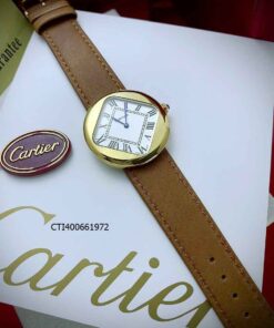 Đồng hồ Nam Cartier PEBBLE RE-EDITION dây nâu viền vàng mặt trắng cao cấp