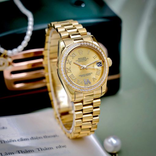 Đồng Hồ Nữ Rolex ROLEX DATEJUST dây president 3 mắc viền đá cao cấp