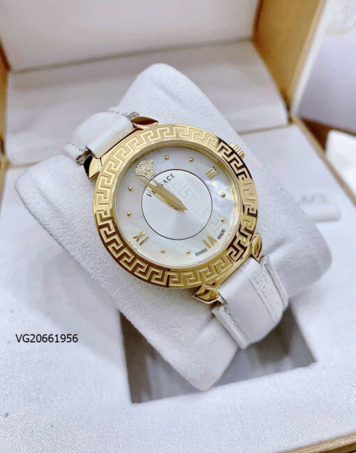 Đồng hồ Versace Daphnis nữ dây da trắng viền vàng like auth