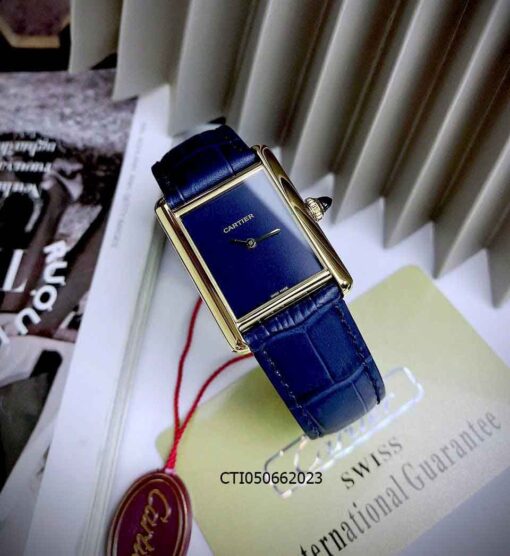 Đồng hồ Nữ CARTIER TANK LOUIS máy Thụy Sỹ dây da xanh dương viền vàng