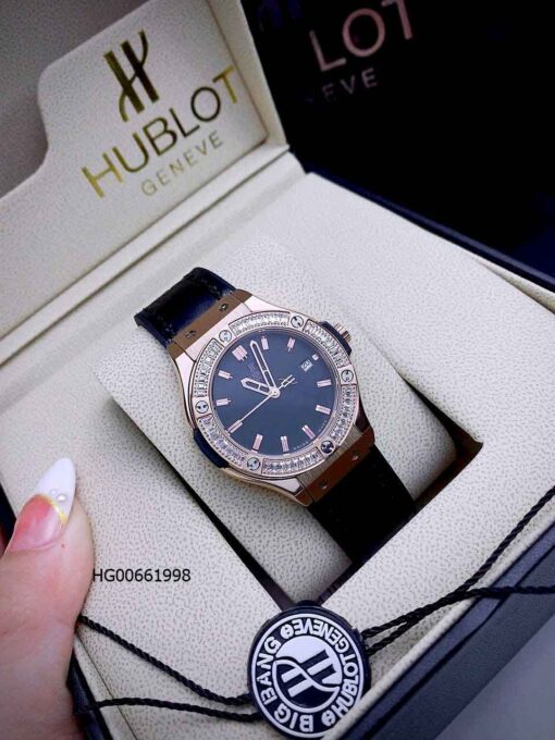 Đồng hồ Nữ Hublot big bang geneve viền vàng đính đá dây đen cao cấp