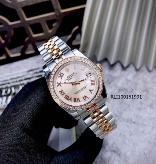 Đồng hồ Rolex DateJust nữ máy cơ mặt hồng phấn viền đính đá 31mm