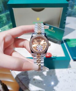 Đồng Hồ Rolex Nam Nữ dây demi gold rose viền đá cao cấp