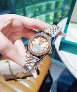 Đồng Hồ Rolex Nam Nữ dây demi gold rose viền đá cao cấp