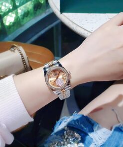 Đồng Hồ Rolex Nam Nữ dây demi gold rose viền đá cao cấp