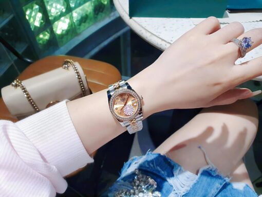 Đồng Hồ Rolex Nam Nữ dây demi gold rose viền đá cao cấp