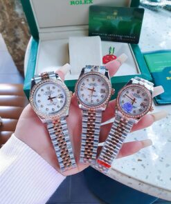 Đồng Hồ Rolex Nam Nữ dây demi gold rose viền đá cao cấp