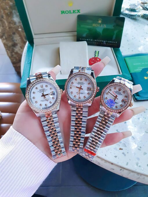 Đồng Hồ Rolex Nam Nữ dây demi gold rose viền đá cao cấp