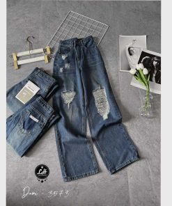 Mã 3573 Quần Jeans nữ ống rộng rách tua rua gối túi sau khoét kiểu xì teen fashion