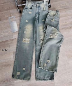 MÃ 3787 Quần jean cạp cao nữ ống rộng màu xanh rách tua rua ở gối Pants Ong