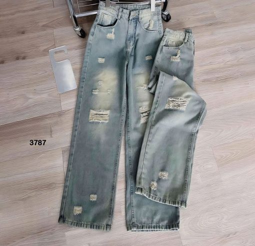 MÃ 3787 Quần jean cạp cao nữ ống rộng màu xanh rách tua rua ở gối Pants Ong