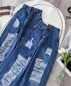 Mã 3664 Quần Jeans nữ ống rộng lưng cao màu xanh cạp cao rách tua rua cá tính