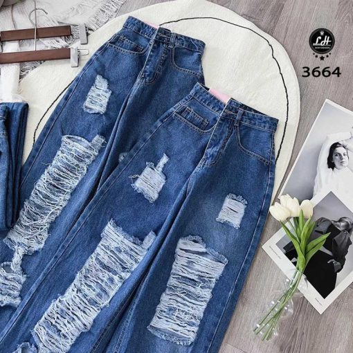 Mã 3664 Quần Jeans nữ ống rộng lưng cao màu xanh cạp cao rách tua rua cá tính