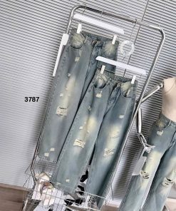 MÃ 3787 Quần jean cạp cao nữ ống rộng màu xanh rách tua rua ở gối Pants Ong