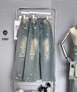 MÃ 3787 Quần jean cạp cao nữ ống rộng màu xanh rách tua rua ở gối Pants Ong