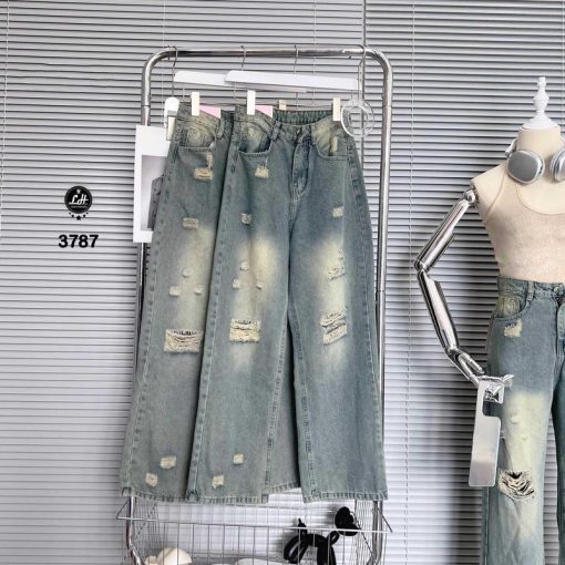 MÃ 3787 Quần jean cạp cao nữ ống rộng màu xanh rách tua rua ở gối Pants Ong