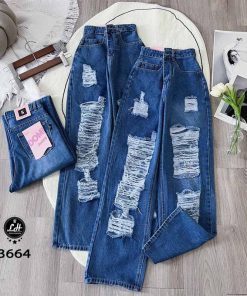 Mã 3664 Quần Jeans nữ ống rộng lưng cao màu xanh cạp cao rách tua rua cá tính