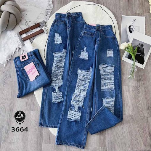 Mã 3664 Quần Jeans nữ ống rộng lưng cao màu xanh cạp cao rách tua rua cá tính