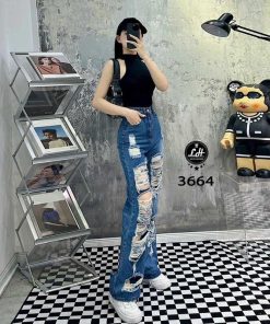 Mã 3664 Quần Jeans nữ ống rộng lưng cao màu xanh cạp cao rách tua rua cá tính