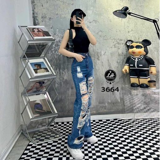 Mã 3664 Quần Jeans nữ ống rộng lưng cao màu xanh cạp cao rách tua rua cá tính