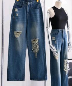 Mã 3573 Quần Jeans nữ ống rộng rách tua rua gối túi sau khoét kiểu xì teen fashion