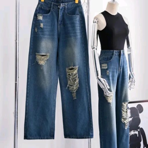 Mã 3573 Quần Jeans nữ ống rộng rách tua rua gối túi sau khoét kiểu xì teen fashion