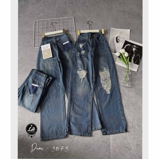 Mã 3573 Quần Jeans nữ ống rộng rách tua rua gối túi sau khoét kiểu xì teen fashion