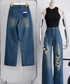 Mã 3573 Quần Jeans nữ ống rộng rách tua rua gối túi sau khoét kiểu xì teen fashion