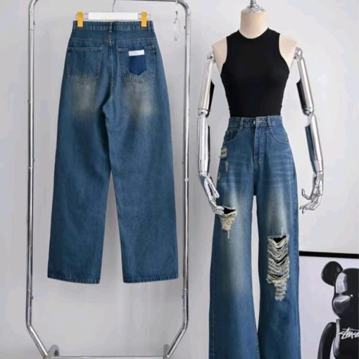 Mã 3573 Quần Jeans nữ ống rộng rách tua rua gối túi sau khoét kiểu xì teen fashion