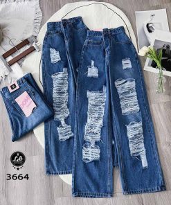 Mã 3664 Quần Jeans nữ ống rộng lưng cao màu xanh cạp cao rách tua rua cá tính