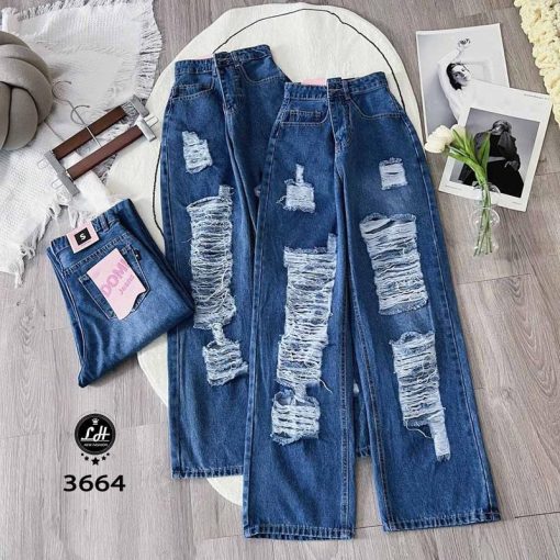 Mã 3664 Quần Jeans nữ ống rộng lưng cao màu xanh cạp cao rách tua rua cá tính