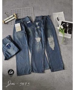 Mã 3573 Quần Jeans nữ ống rộng rách tua rua gối túi sau khoét kiểu xì teen fashion