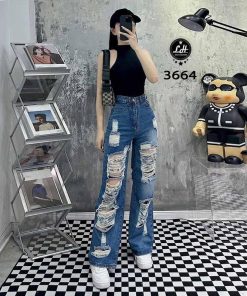 Mã 3664 Quần Jeans nữ ống rộng lưng cao màu xanh cạp cao rách tua rua cá tính