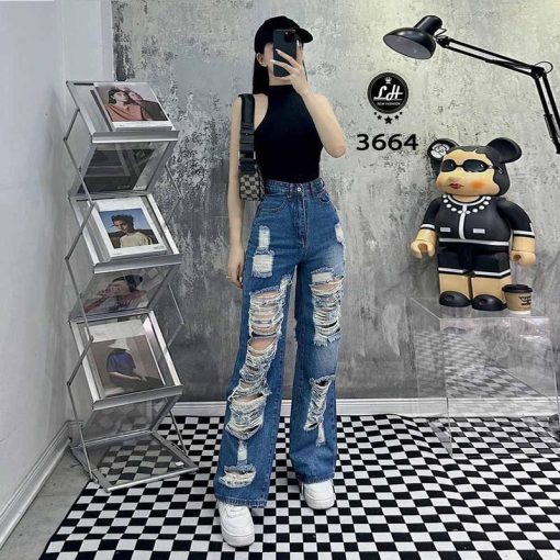 Mã 3664 Quần Jeans nữ ống rộng lưng cao màu xanh cạp cao rách tua rua cá tính