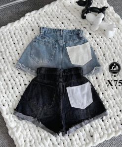 X75 Quần short jean kiểu rách nhấn ở lai túi sau màu trắng đáng yêu