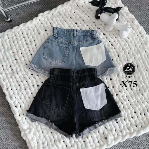 X75 Quần short jean kiểu rách nhấn ở lai túi sau màu trắng đáng yêu