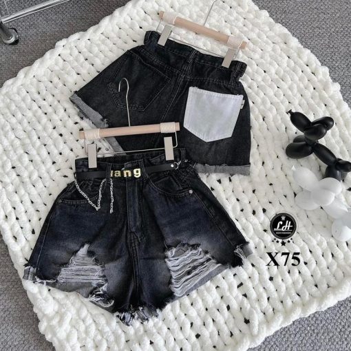 X75 Quần short jean kiểu rách nhấn ở lai túi sau màu trắng đáng yêu