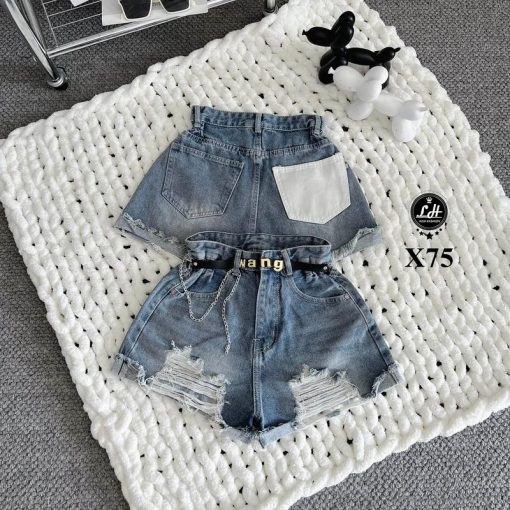 X75 Quần short jean kiểu rách nhấn ở lai túi sau màu trắng đáng yêu