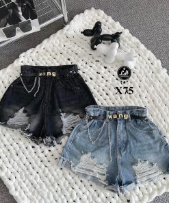 X75 Quần short jean kiểu rách nhấn ở lai túi sau màu trắng đáng yêu