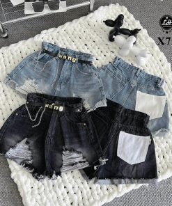 X75 Quần short jean kiểu rách nhấn ở lai túi sau màu trắng đáng yêu