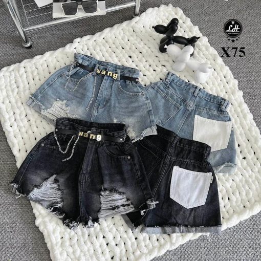 X75 Quần short jean kiểu rách nhấn ở lai túi sau màu trắng đáng yêu