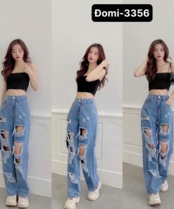 Mã 3356 Quần Jeans ulzzang ống rộng rách lớn nhiều cạp cao thời trang