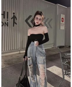 Mã 3608 Quần lưng cao ống rộng Women rách kiểu mảng dài màu xanh phong cách đường phố Jean Pants